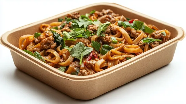 Traditionelles Nudelgericht mit Rindfleisch in nachhaltiger Verpackung