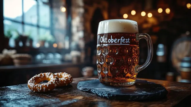 Traditionelles Oktoberfest-Ambiente mit Bierkrug und Brezel
