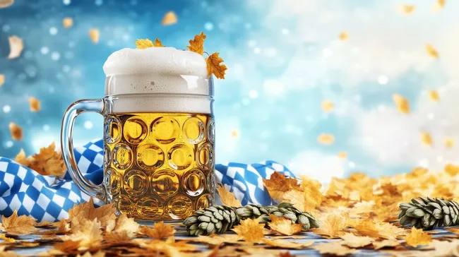 Traditionelles Oktoberfest-Bier mit Hopfen und Herbstlaub kostenlos herunterladen