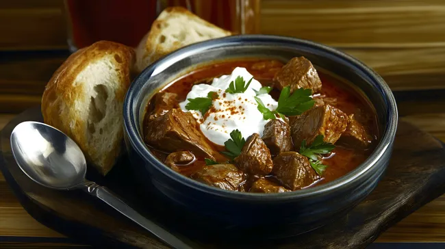 Traditionelles Rinder-Gulasch mit Joghurtdekoration