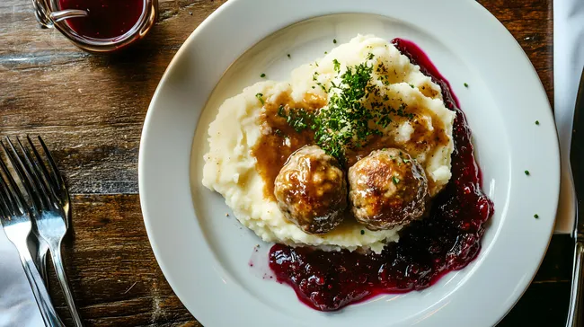 Traditionelles schwedisches Fleischgericht mit Kartoffelpüree