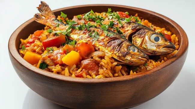 Traditionelles Senegalisches Fischgericht mit Reis und Gemüse