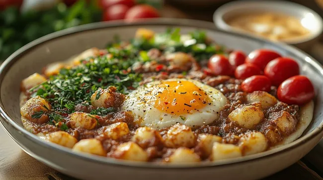 Traditionelles syrisches Fatteh-Frühstück mit Spiegelei