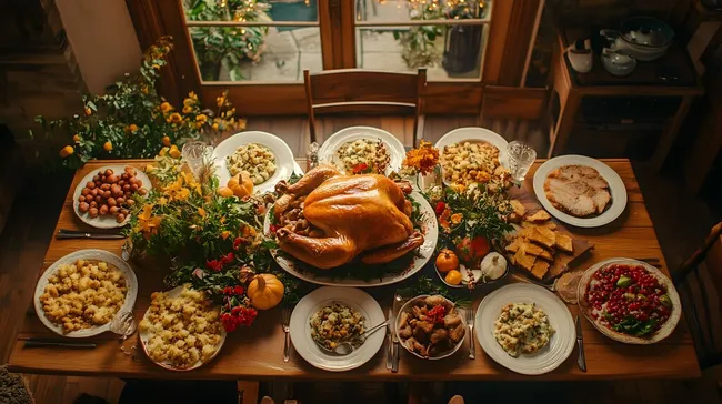 Traditionelles Thanksgiving-Festmahl auf festlich gedecktem Holztisch