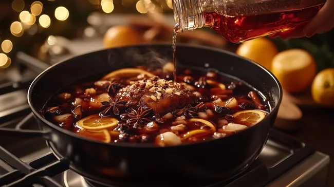 Traditionelles Wintergetränk Feuerzangenbowle mit Gewürzen