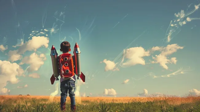 Träumender Junge mit Raketenrucksack in freier Natur