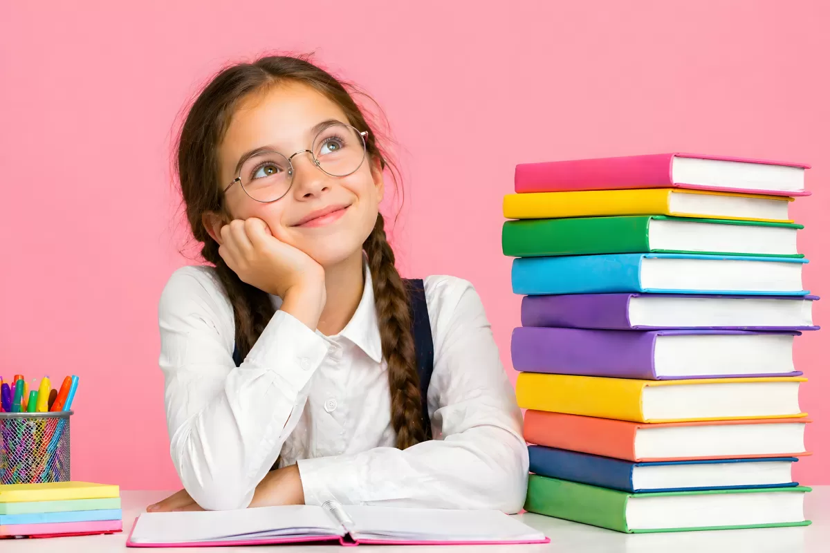 Träumendes Schulmädchen mit Brille und Bücherstapel