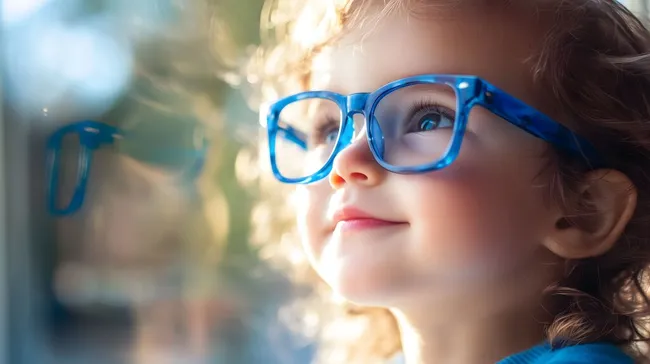 Träumerisches Mädchen mit blauer Brille