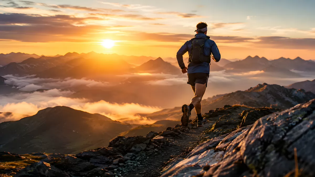 Trailrunner auf Berggipfel bei goldenem Sonnenaufgang