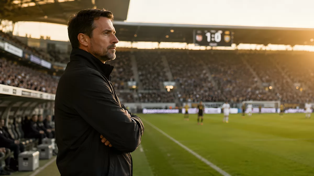 Trainer beobachtet Fußballspiel konzentriert am Spielfeldrand