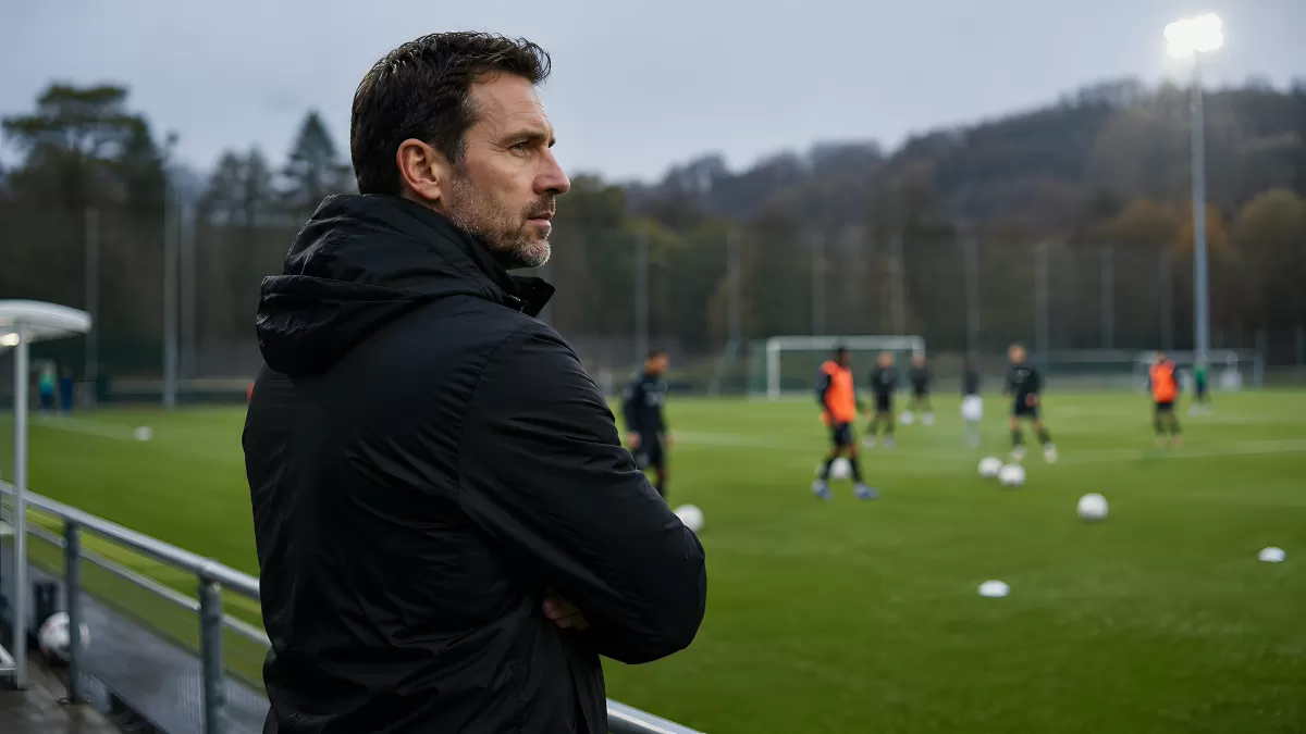 Trainer beobachtet Fußballtraining auf grünem Platz