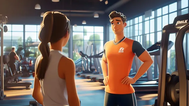 Trainer berät Kundin im modernen Fitnessstudio