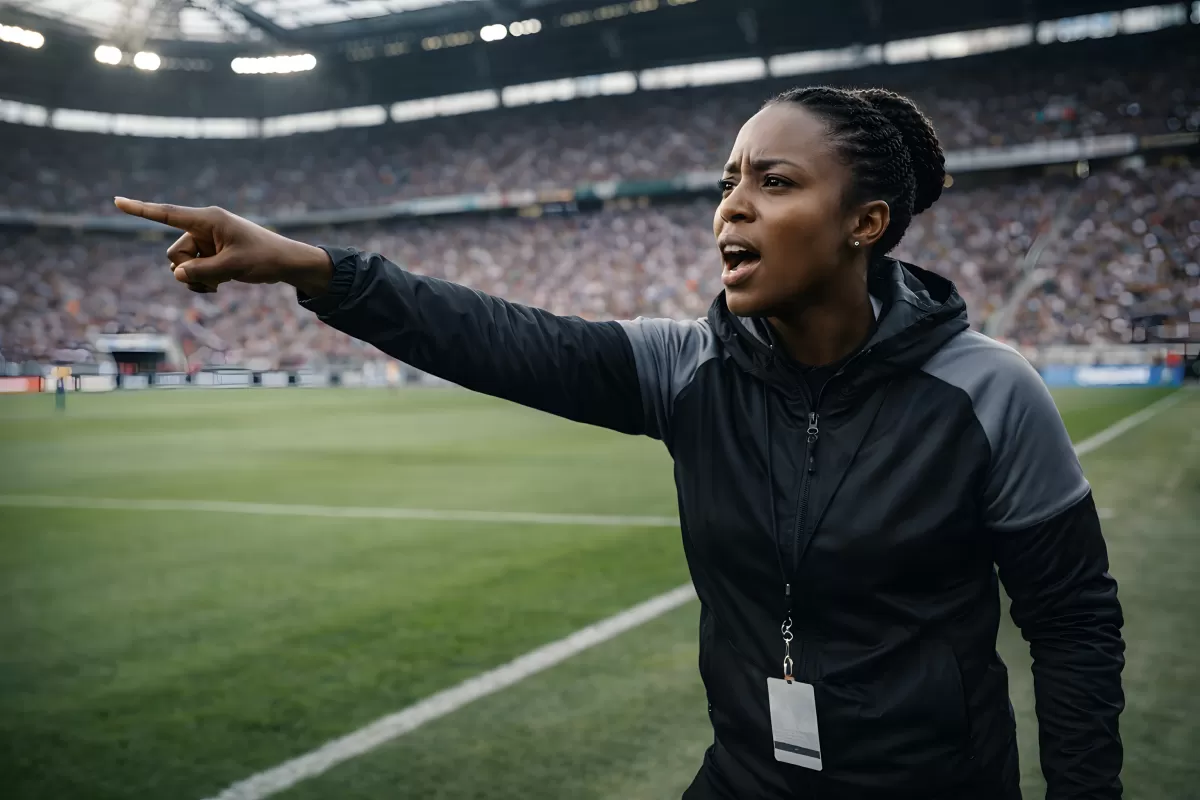 Trainerin gibt lautstark Anweisungen am Spielfeldrand