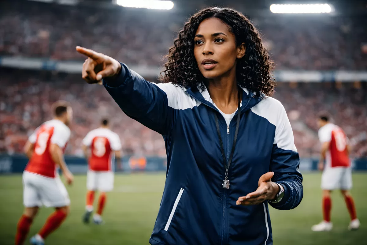 Trainerin gibt taktische Anweisungen beim Fußballspiel