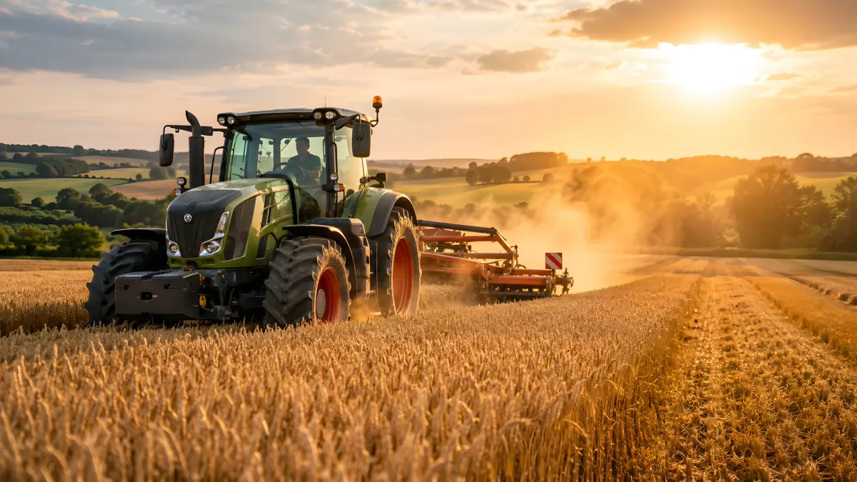 Traktor bei der Feldarbeit im goldenen Abendlicht