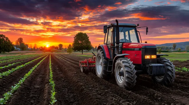 Traktor pflügt Ackerland bei Sonnenuntergang