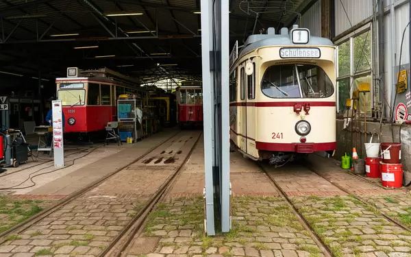 Tram depot with many retro trams inside, all in perfect condition