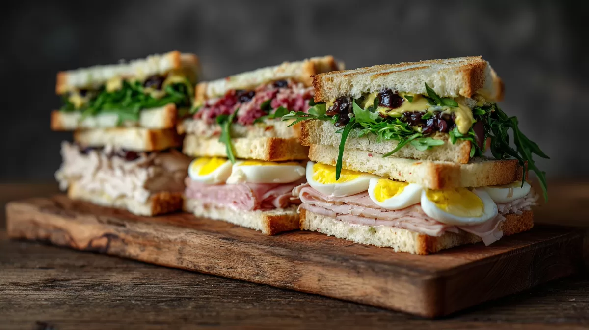 Tramezzini mit Schinken, Ei und Rucola auf Holzbrett