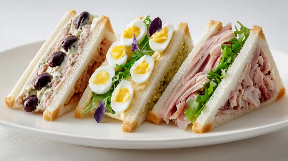 Tramezzini mit Thunfisch, Ei und Schinken auf Teller