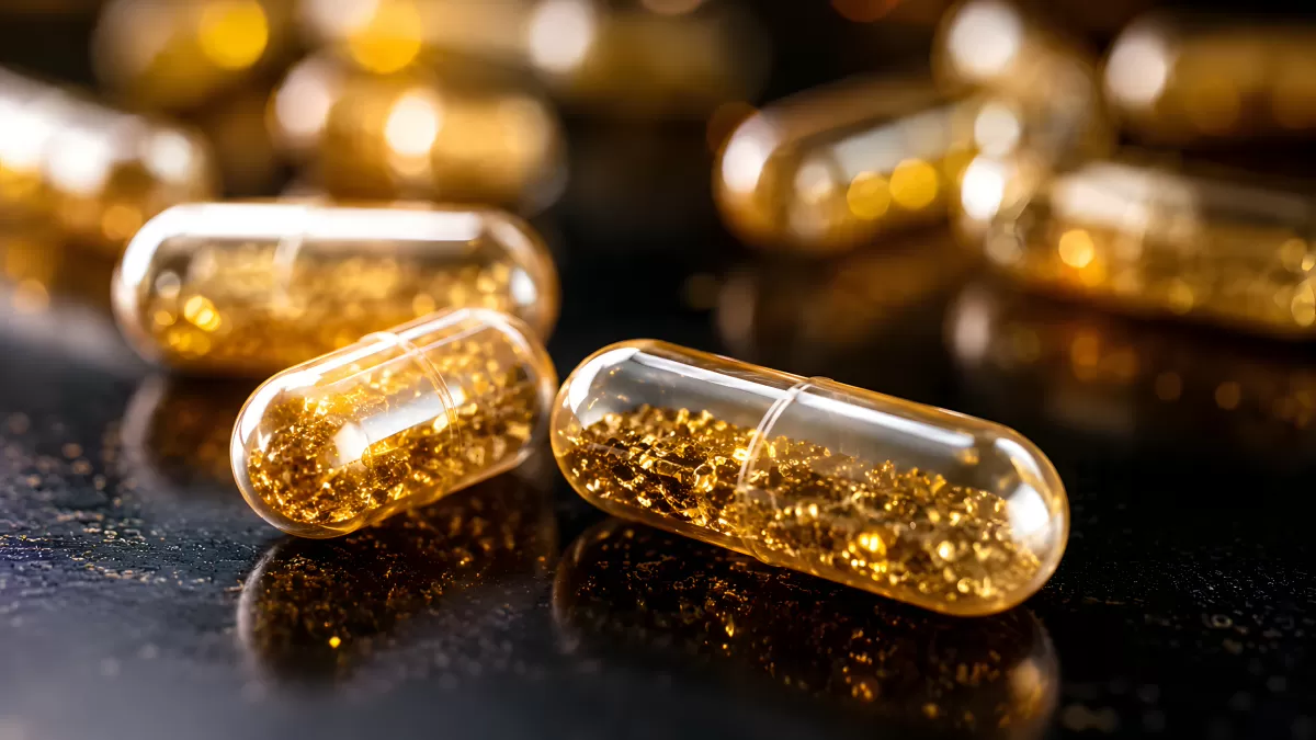 Transparente Kapseln mit goldenem Inhalt auf dunklem Untergrund