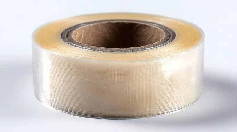 Transparente Klebebandrolle auf weißem Hintergrund isoliert