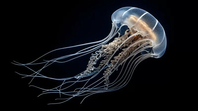 Transparente Qualle mit langen Tentakeln im Wasser