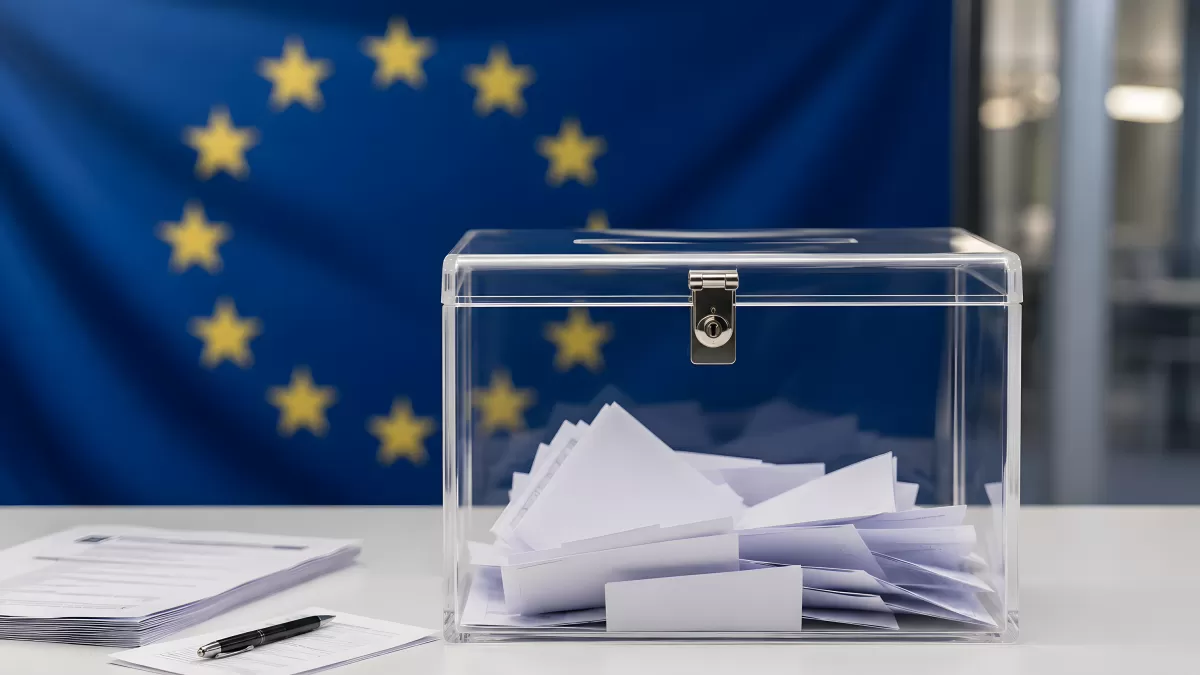 Transparente Wahlurne vor EU-Flagge mit Stimmzetteln