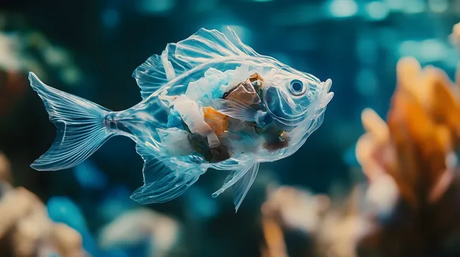 Transparenter Fisch mit Plastikmüll im Ozean