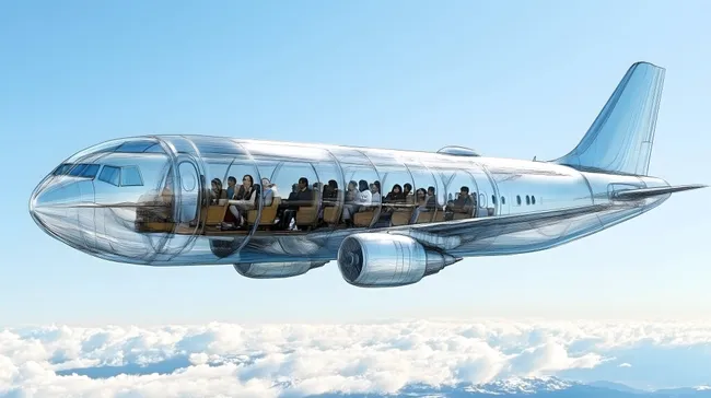 Transparenter Passagierflugzeug über den Wolken