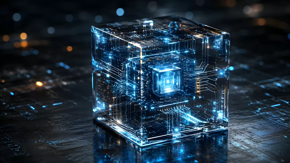 Transparenter Technologie-Würfel mit Schaltkreisen