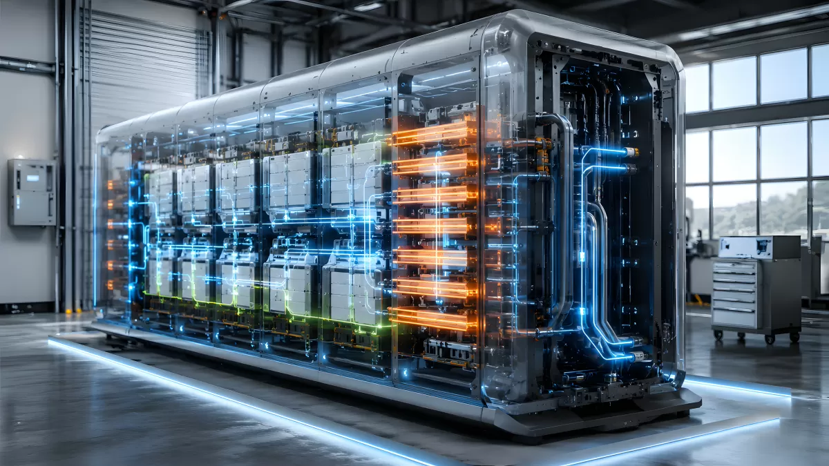 Transparentes Großbatteriesystem mit leuchtenden Kühlkreisläufen