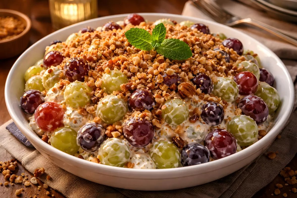 Traubensalat mit Frischkäse und Nuss-Streusel