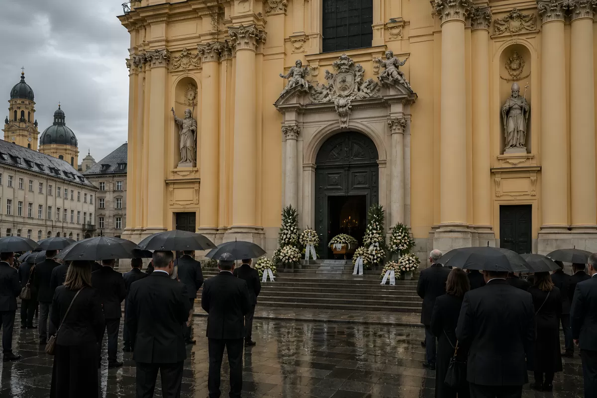 Trauergottesdienst vor barocker Kirche im Regen