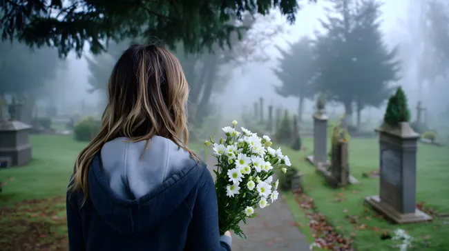 Trauernde Frau mit Blumen auf Friedhof im Nebel