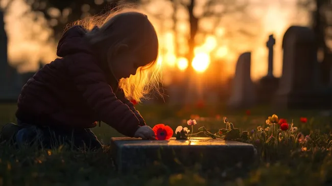 Trauernde Frau platziert Mohnblume auf Grabstein bei Sonnenuntergang