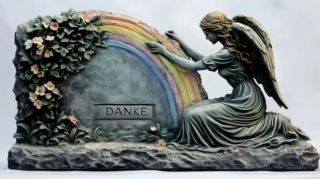 Trauernder Engel mit Regenbogen am Grabmal