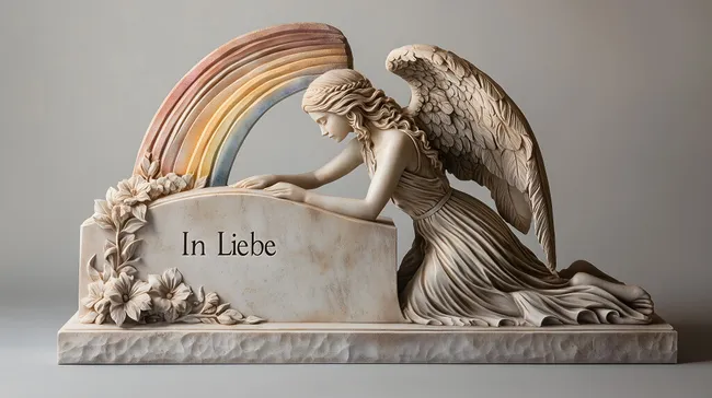 Trauernder Engel mit Regenbogen am Grabstein