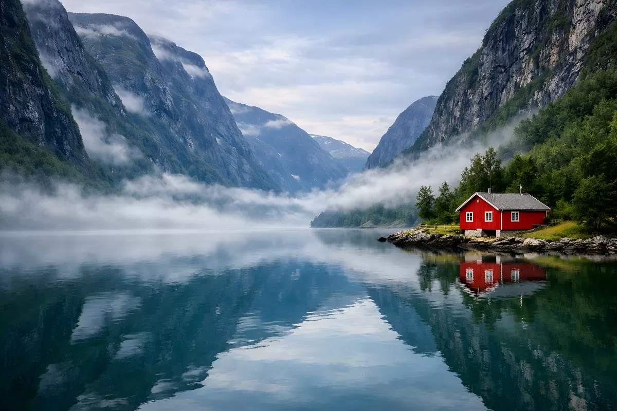 Traumhafte Gebirgswelt mit rotem Holzhaus im Fjord