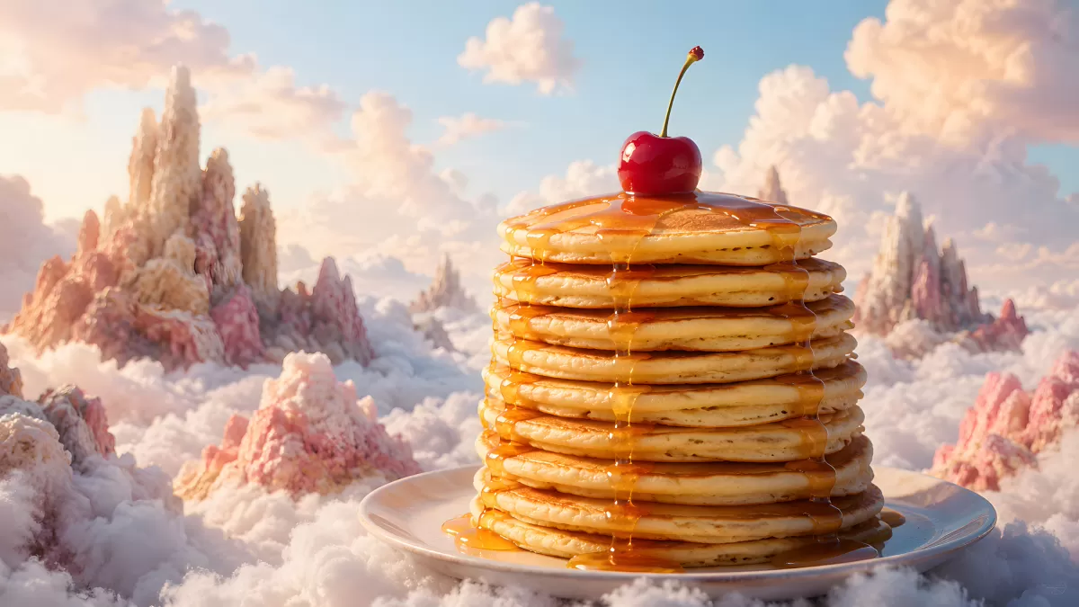 Traumhafte Pfannkuchen-Wolkenlandschaft mit Kirsche
