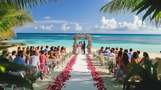 Traumhafte Strandzeremonie unter Palmen am Meer