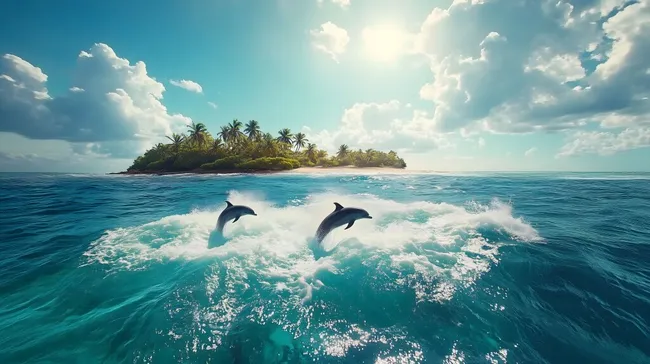 Traumhafte tropische Insel mit springenden Delphinen