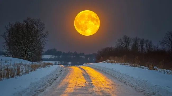 Traumhafte Winterlandschaft mit Vollmond über verschneiter Straße