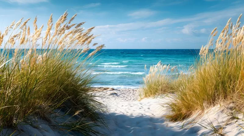 Traumhafter Blick auf den türkisblauen Ozean vom Sandstrand