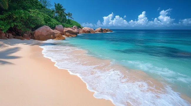 Traumhafter Sandstrand mit türkisfarbenem Meer auf den Seychellen