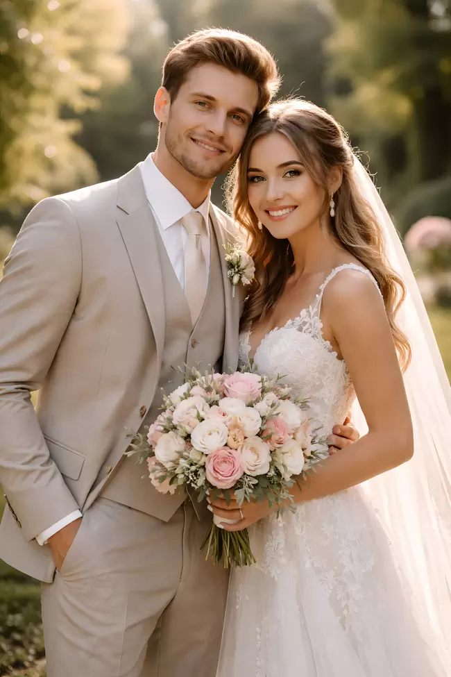 Traumhochzeitsfoto: Glückliches Brautpaar in der Natur