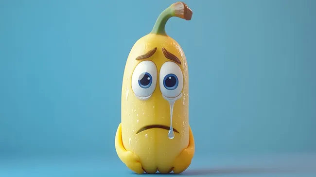 Trauriger, animierter Bananen-Charakter mit Tränen