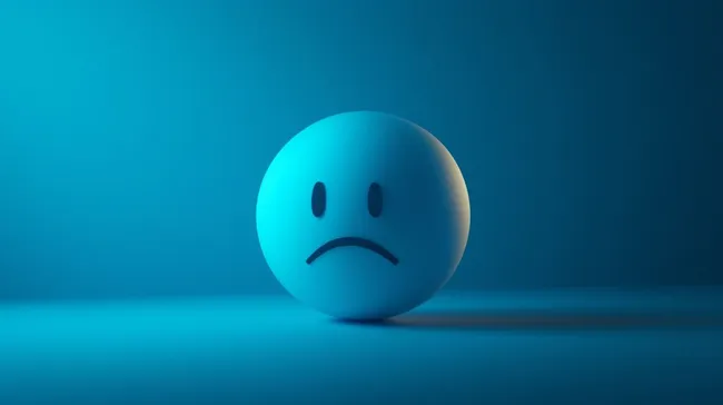 Trauriger blauer Smiley vor minimalistischem Hintergrund