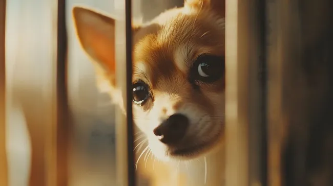 Trauriger Blick des Hundes durch Gitterstäbe