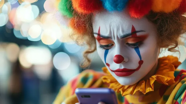 Trauriger Clown blickt in Smartphone bei bunter Kulisse