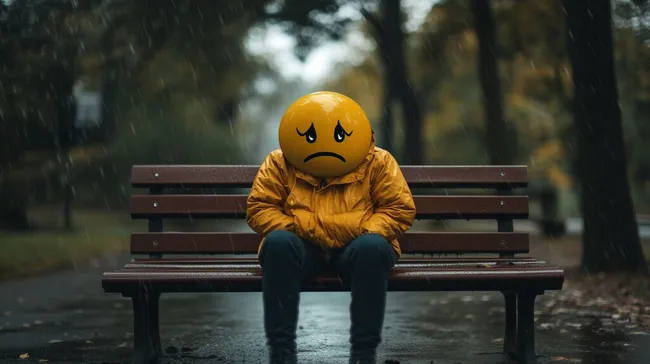 Trauriger Emoji-Kopf bei Regen auf Parkbank